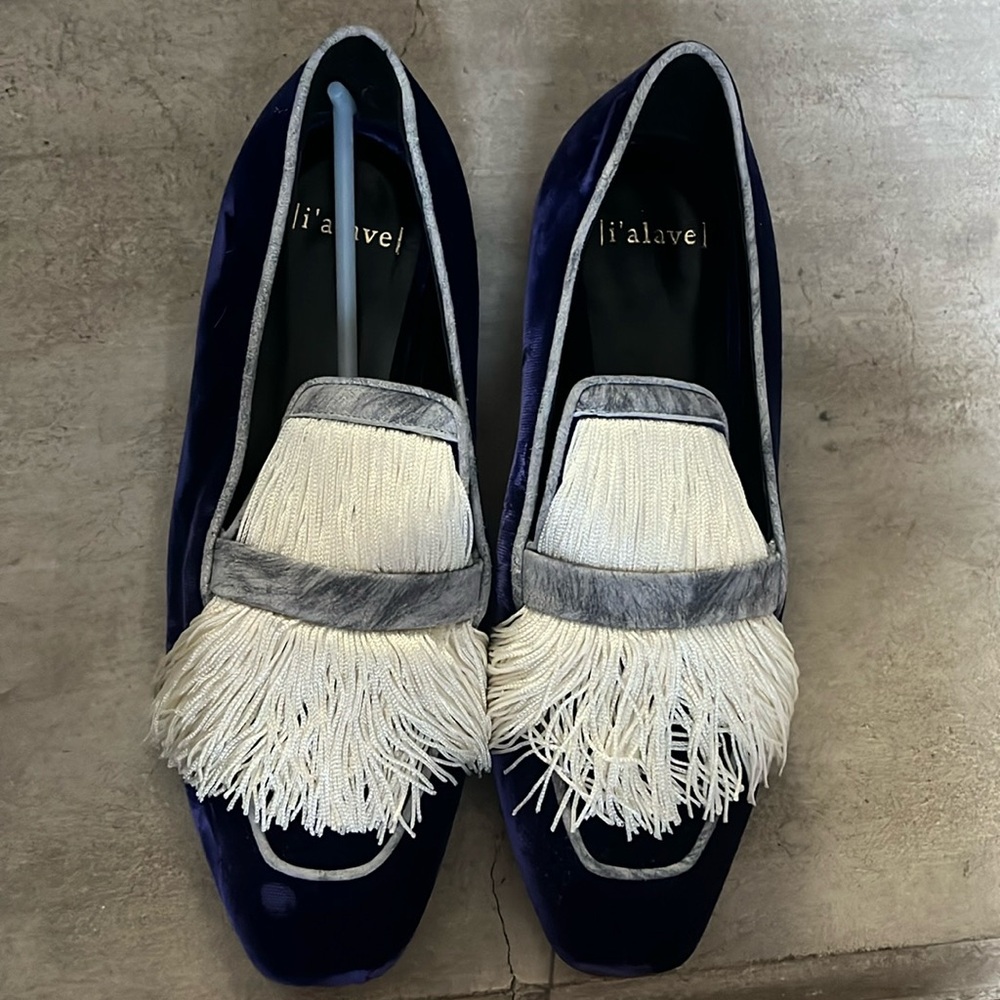 Blue velvet flats with white fringe and silver lining luxury Italian brand